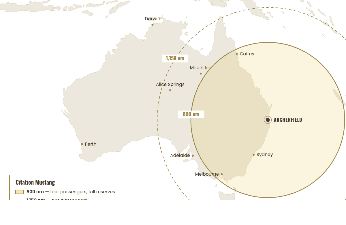 Map of Australia showing Citation Mustang range rings from Archerfield: 800 nautical miles with four passengers, 1,150 nautical miles with two