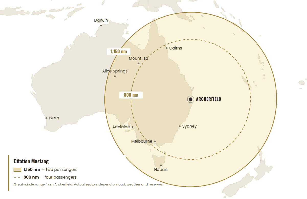 Map of Australia showing Citation Mustang range rings from Archerfield: 1,150 nautical miles with two passengers, 800 nautical miles with four