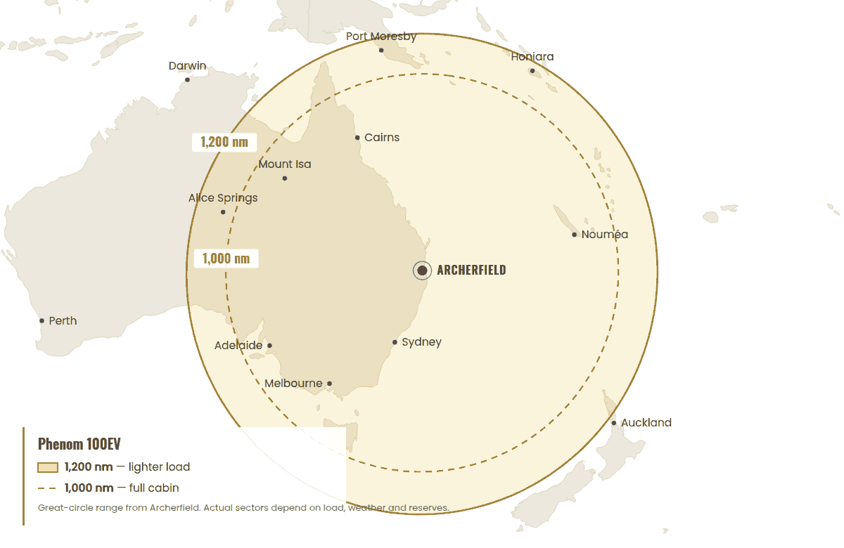 Map of Australia and the south-west Pacific showing Phenom 100EV range rings from Archerfield: 1,200 nautical miles on a lighter load, 1,000 with a full cabin